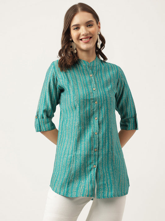 Teal Blue Printed Muslin Fold Sleeve top