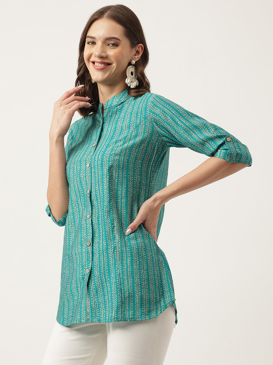 Teal Blue Printed Muslin Fold Sleeve top