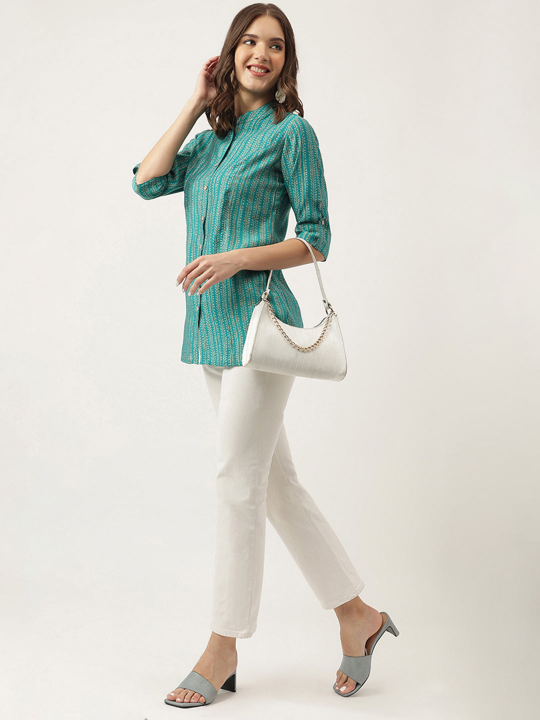 Teal Blue Printed Muslin Fold Sleeve top