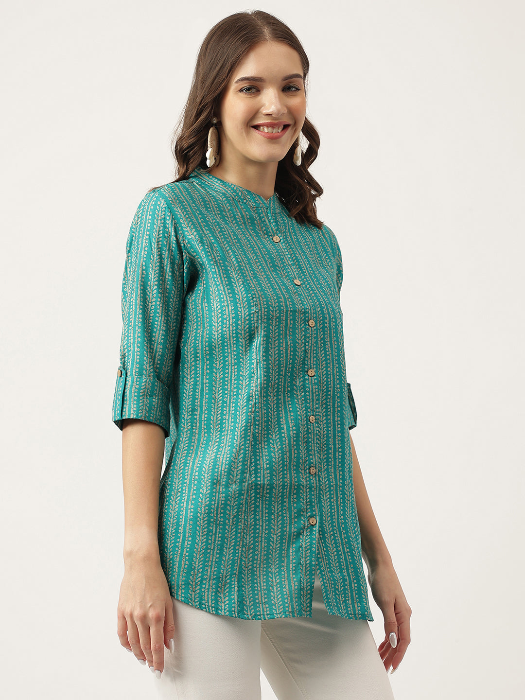 Teal Blue Printed Muslin Fold Sleeve top