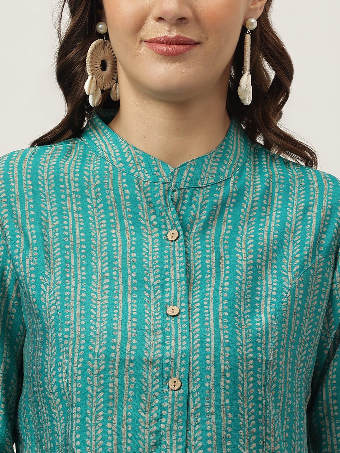 Teal Blue Printed Muslin Fold Sleeve top