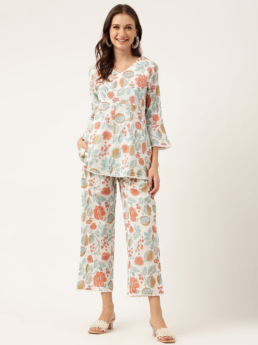 Women Floral Printed Pure Cotton Tunic With Trousers