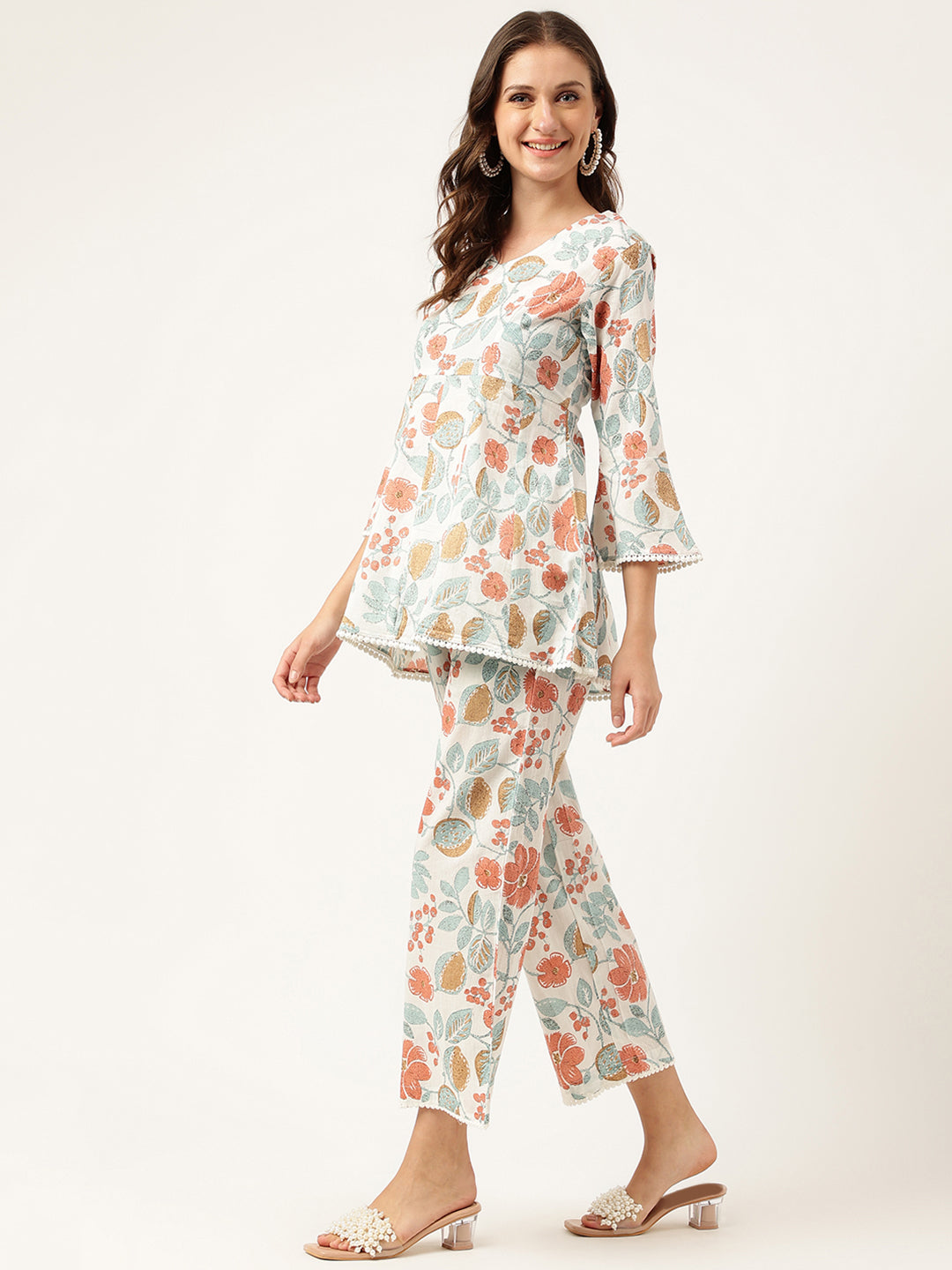 Women Floral Printed Pure Cotton Tunic With Trousers