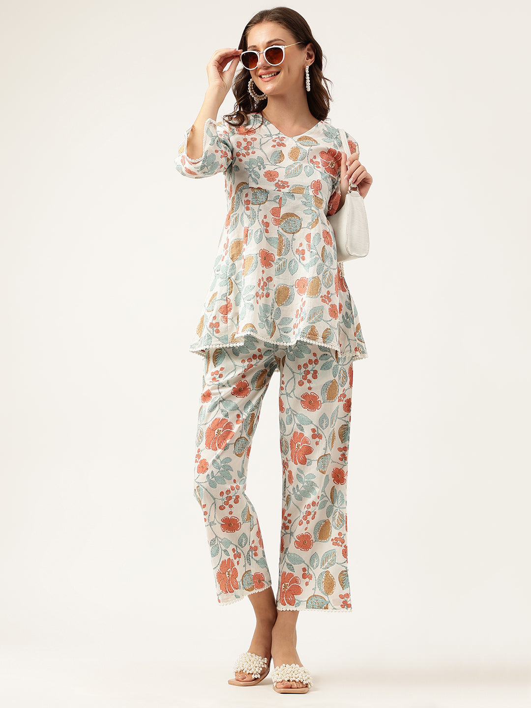 Women Floral Printed Pure Cotton Tunic With Trousers