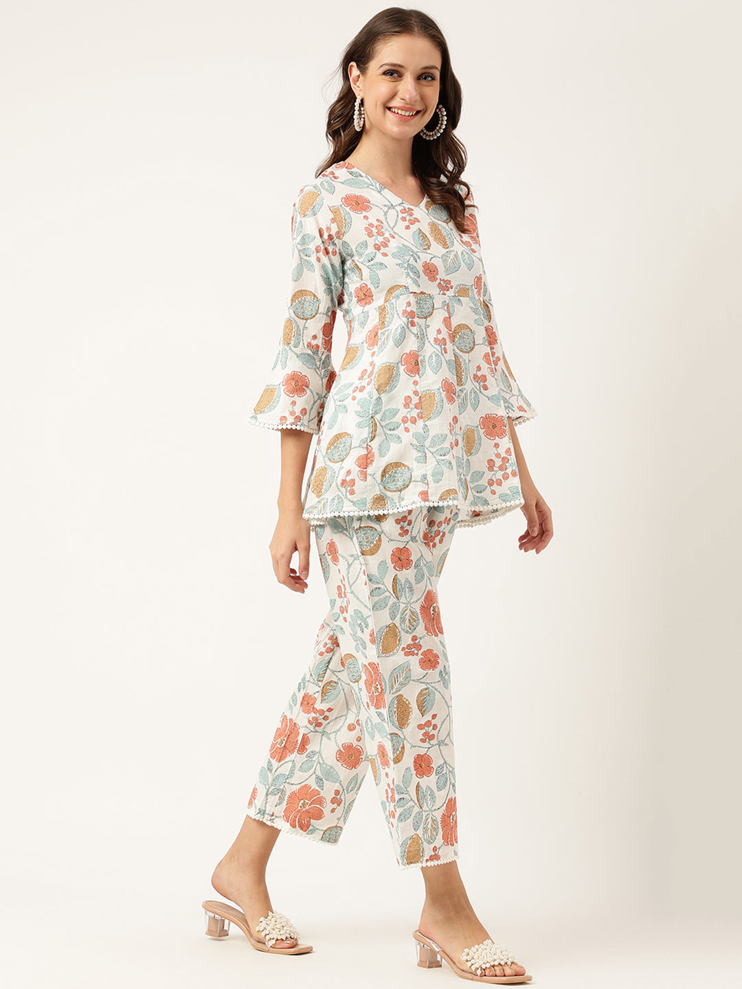 Women Floral Printed Pure Cotton Tunic With Trousers