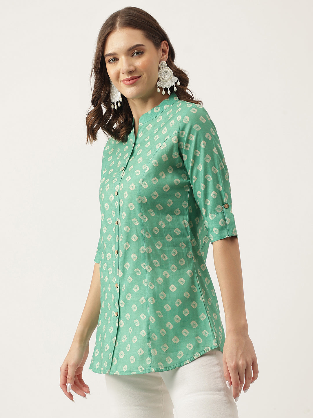 See green Bandhani Printed Muslin Fold Sleeve top