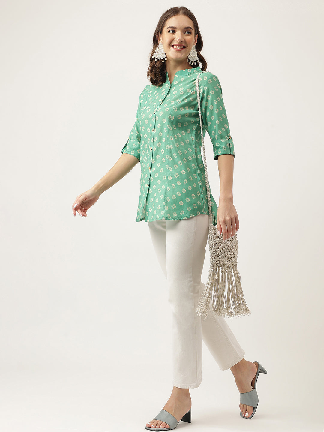 See green Bandhani Printed Muslin Fold Sleeve top