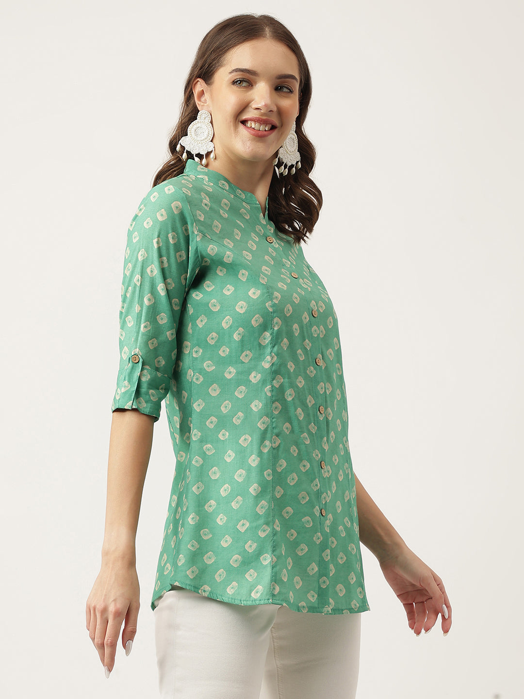 See green Bandhani Printed Muslin Fold Sleeve top