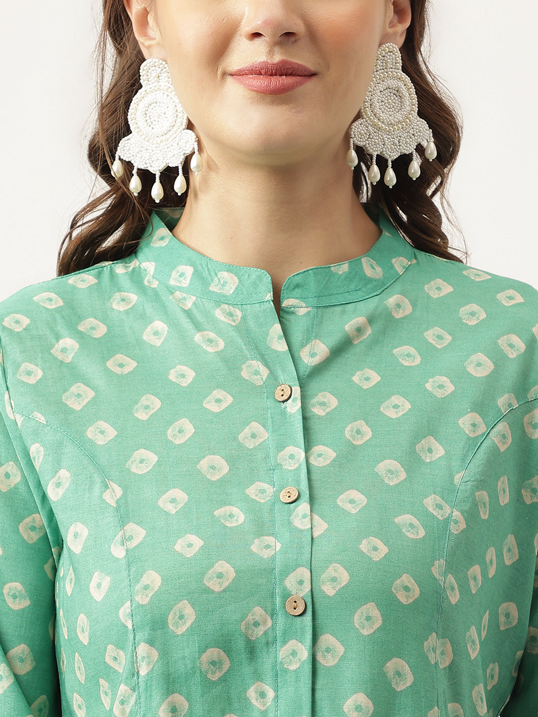 See green Bandhani Printed Muslin Fold Sleeve top