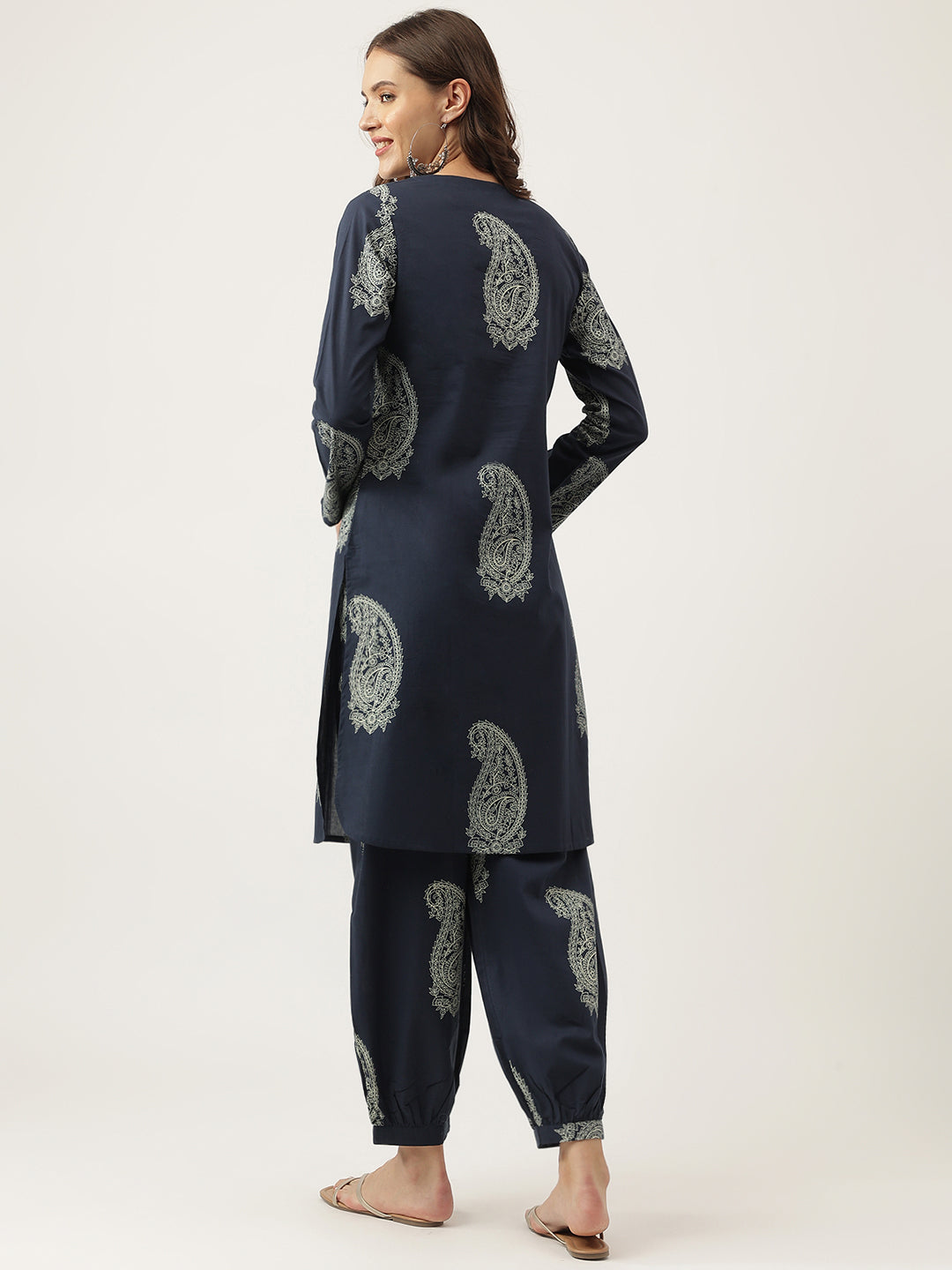 Navy Cotton Paisley Print Kurta Hem Cuffed Pant set