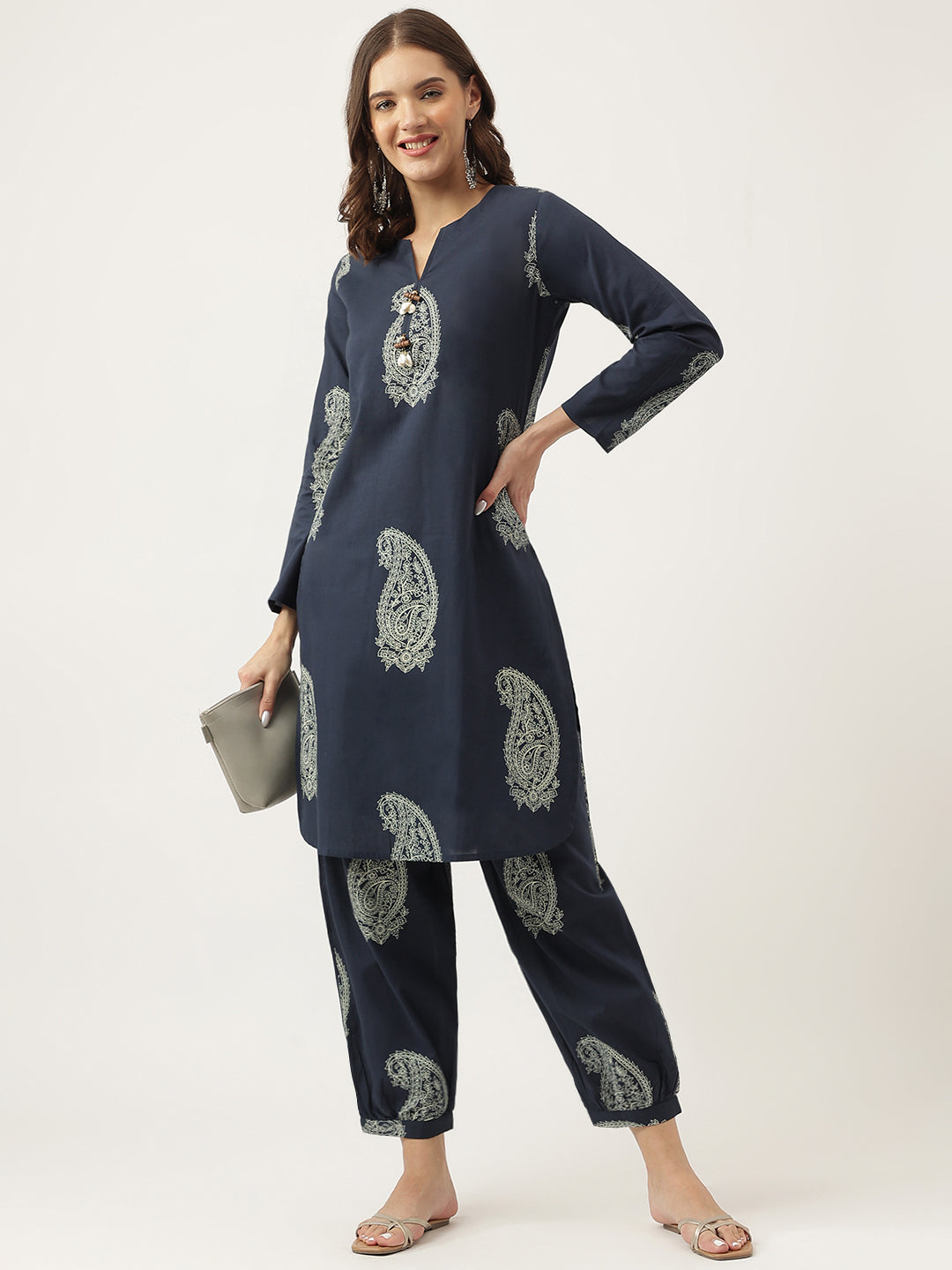 Navy Cotton Paisley Print Kurta Hem Cuffed Pant set