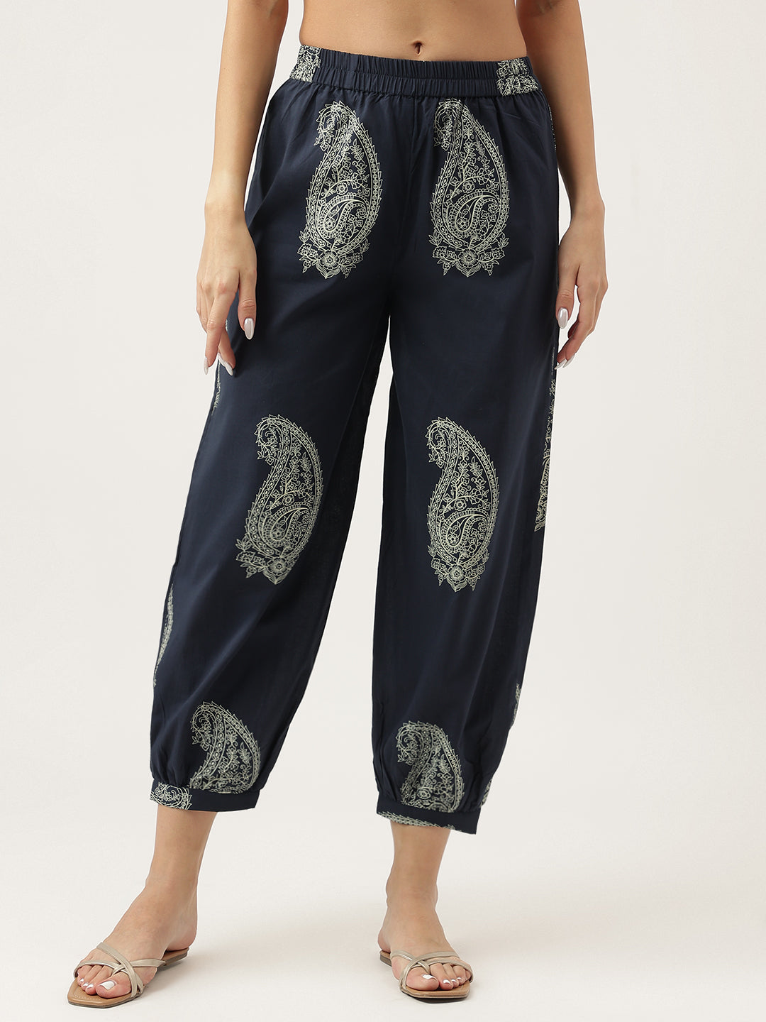 Navy Cotton Paisley Print Kurta Hem Cuffed Pant set