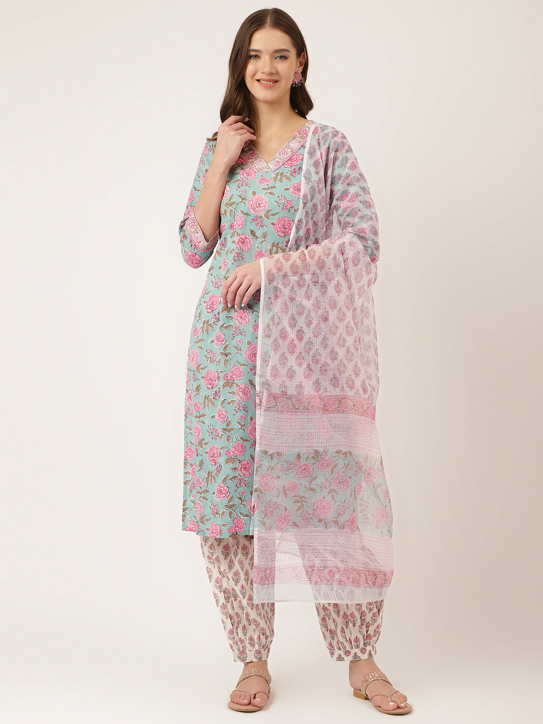 Blue Hand Block Floral Print Cotton Kurta, Salwar With Dupatta