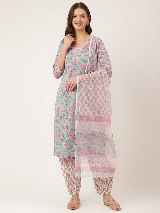 Blue Hand Block Floral Print Cotton Kurta, Salwar With Dupatta