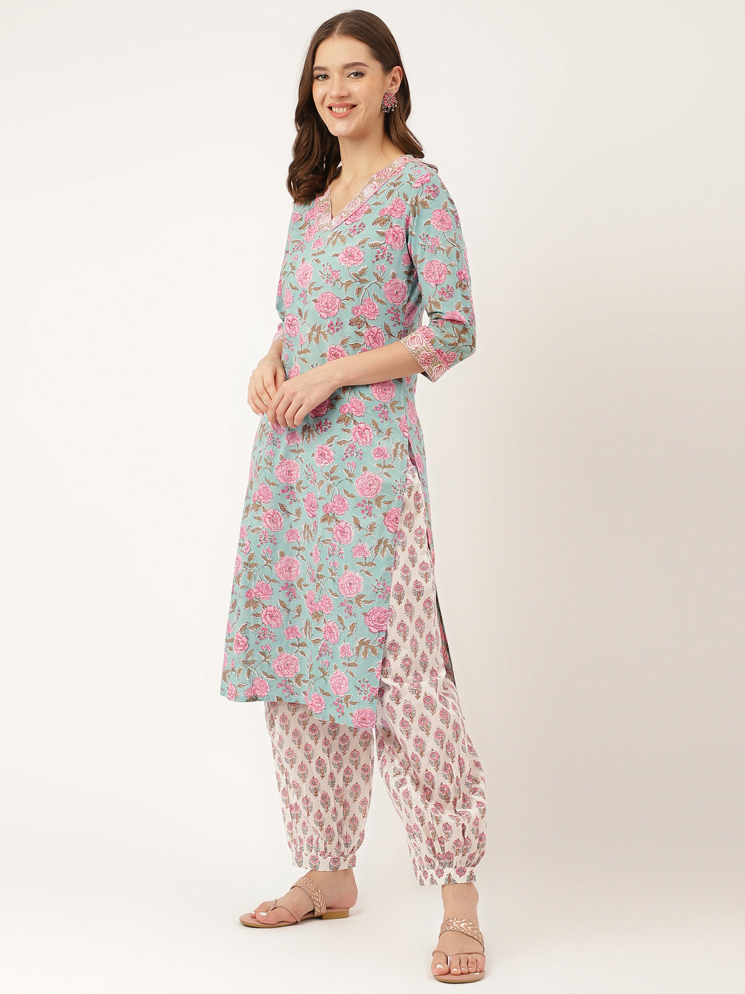 Blue Hand Block Floral Print Cotton Kurta, Salwar With Dupatta