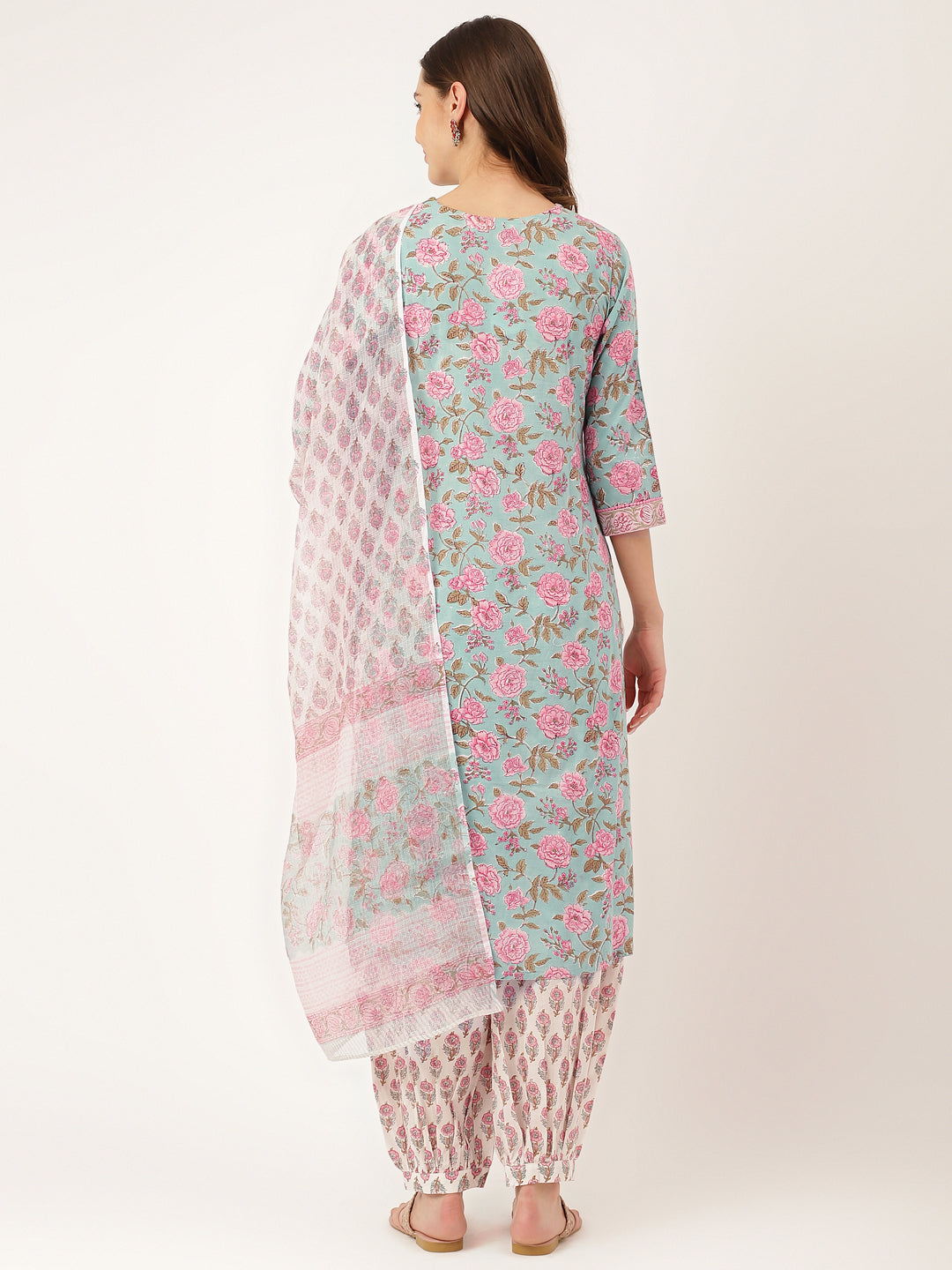 Blue Hand Block Floral Print Cotton Kurta, Salwar With Dupatta