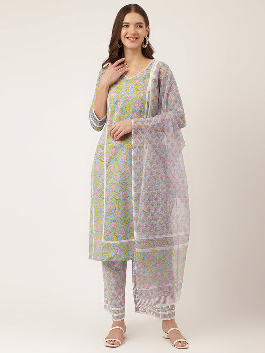 Blue Hand-Block Floral Print Cotton  Kurta, Trouser & Dupatta