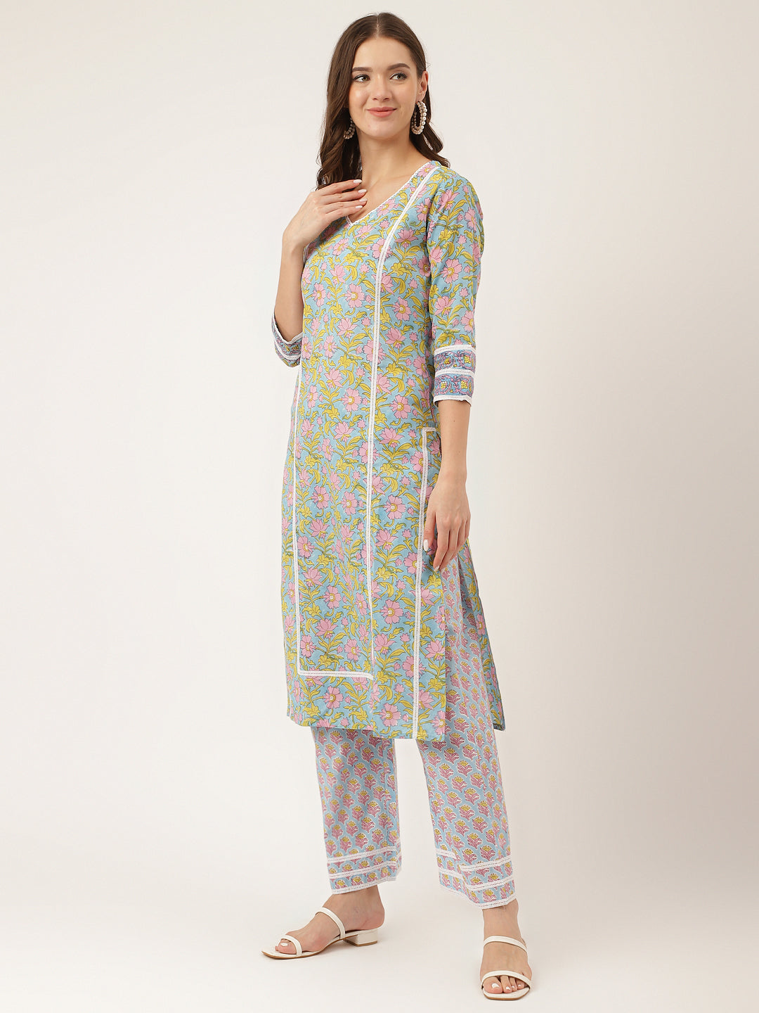 Blue Hand-Block Floral Print Cotton  Kurta, Trouser & Dupatta