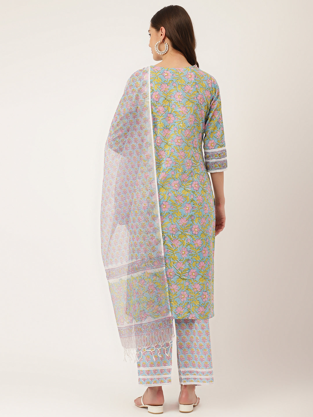 Blue Hand-Block Floral Print Cotton  Kurta, Trouser & Dupatta