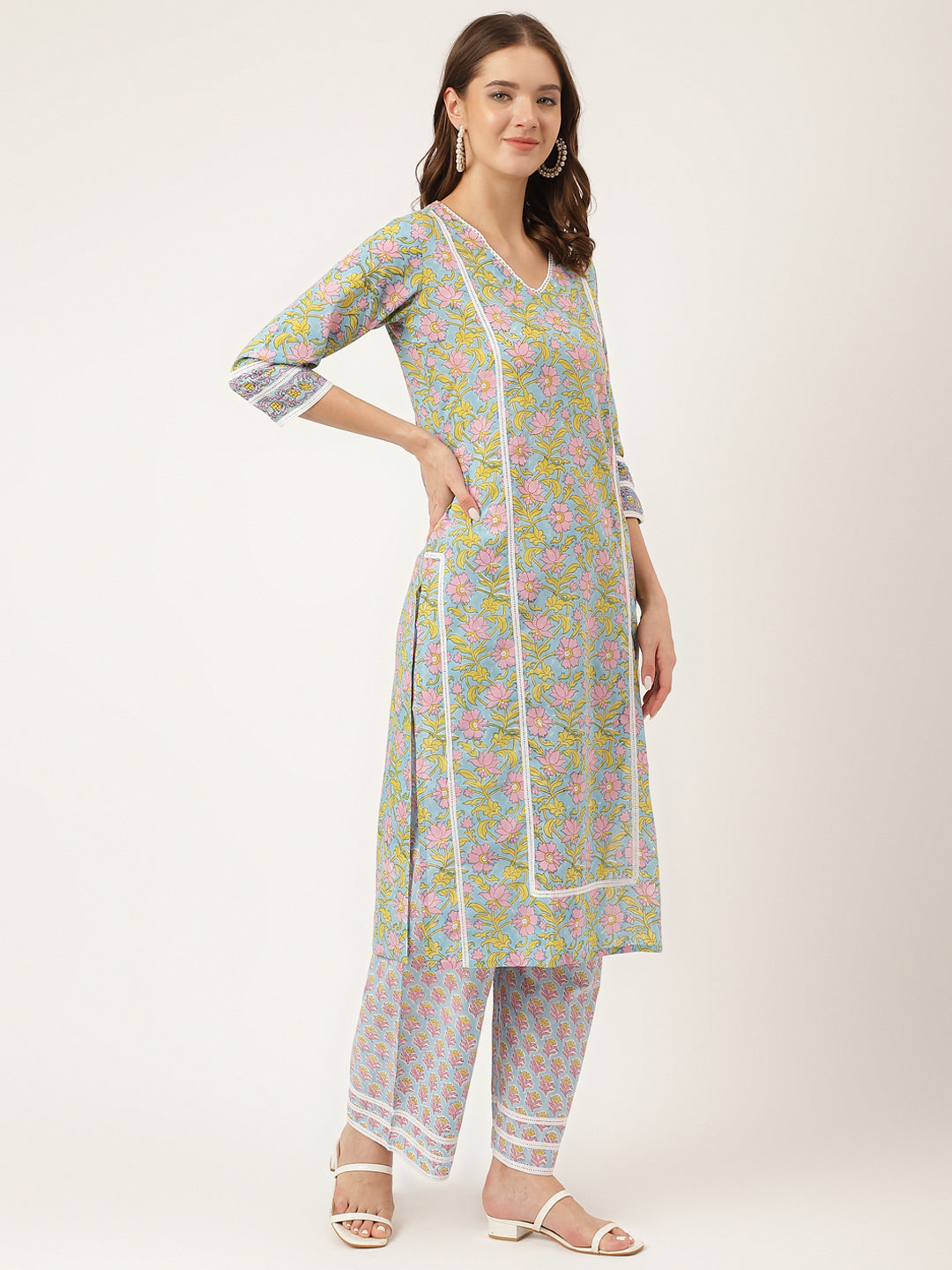 Blue Hand-Block Floral Print Cotton  Kurta, Trouser & Dupatta