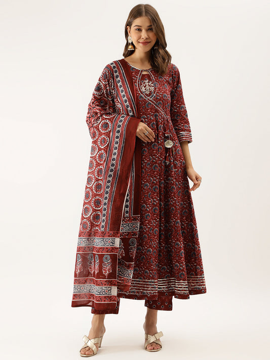 Maroon Floral Printed Cotton Anarkali Kurta Set with Dupatta