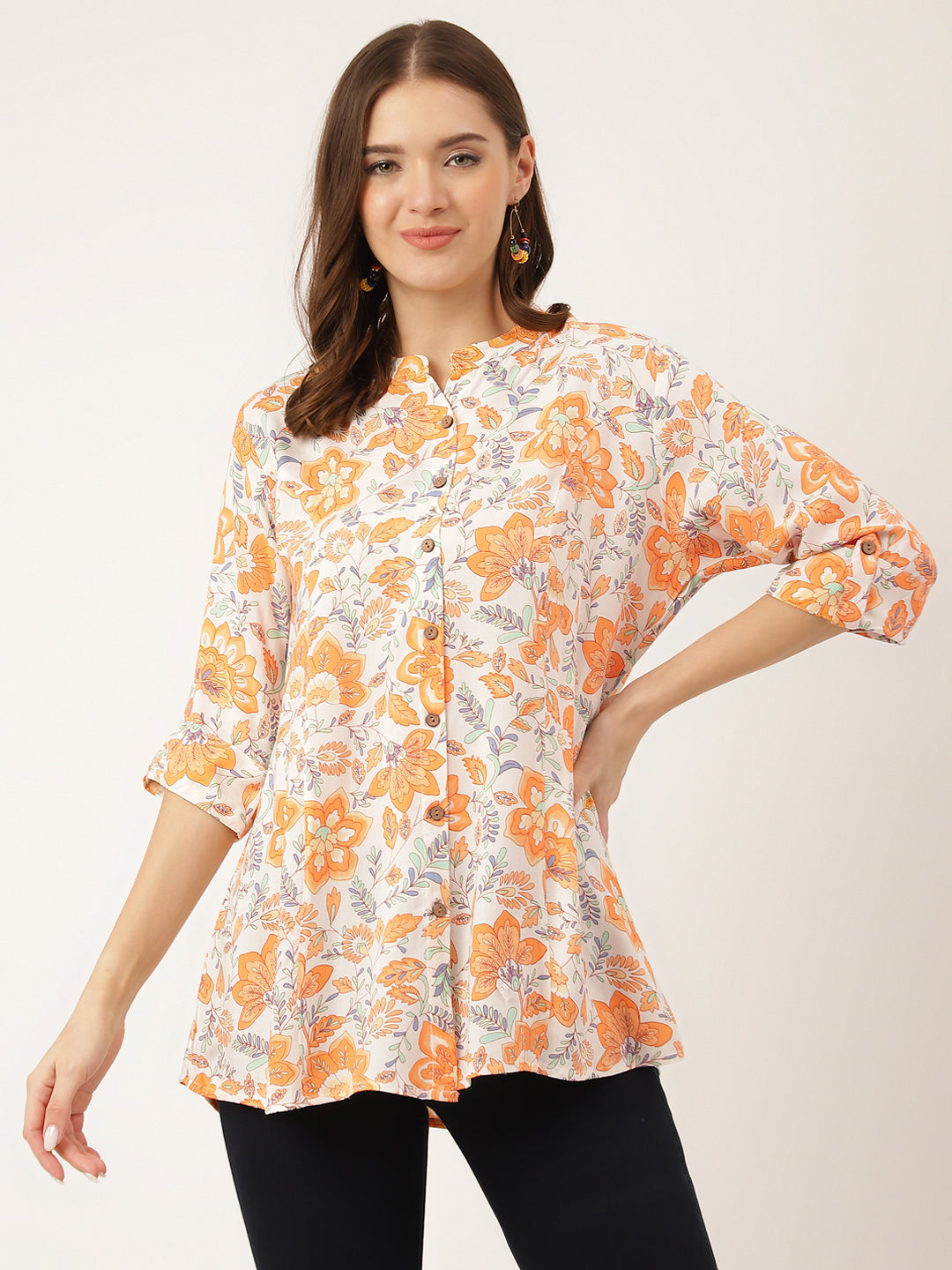 Orange Floral Print Rayon Regular Top