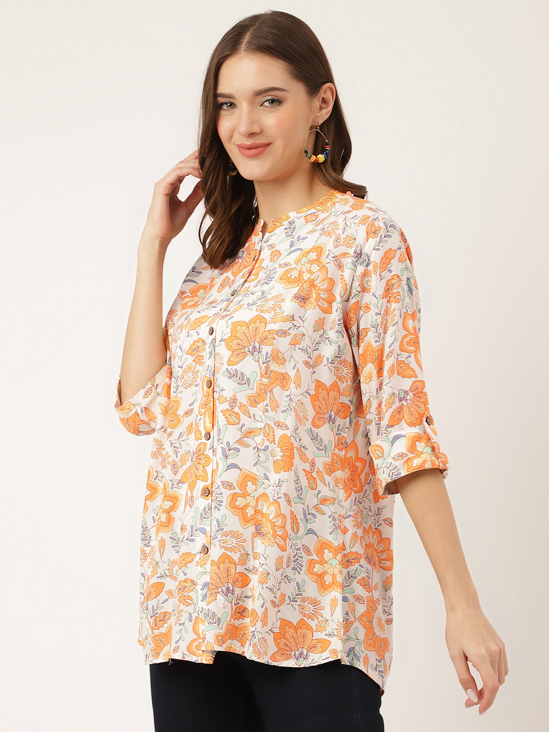 Orange Floral Print Rayon Regular Top