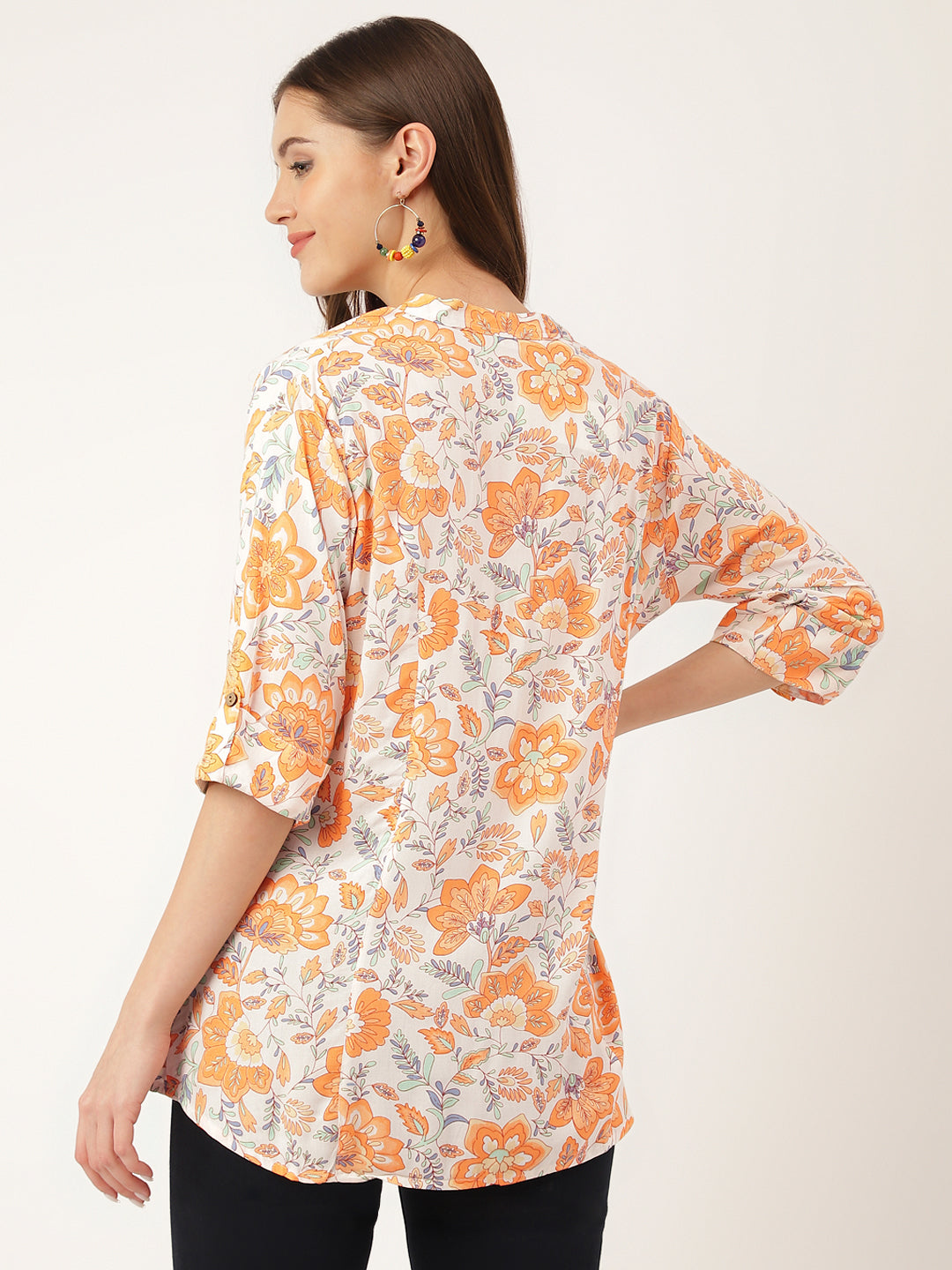 Orange Floral Print Rayon Regular Top