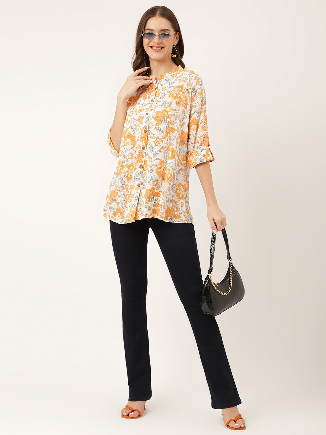 Orange Floral Print Rayon Regular Top