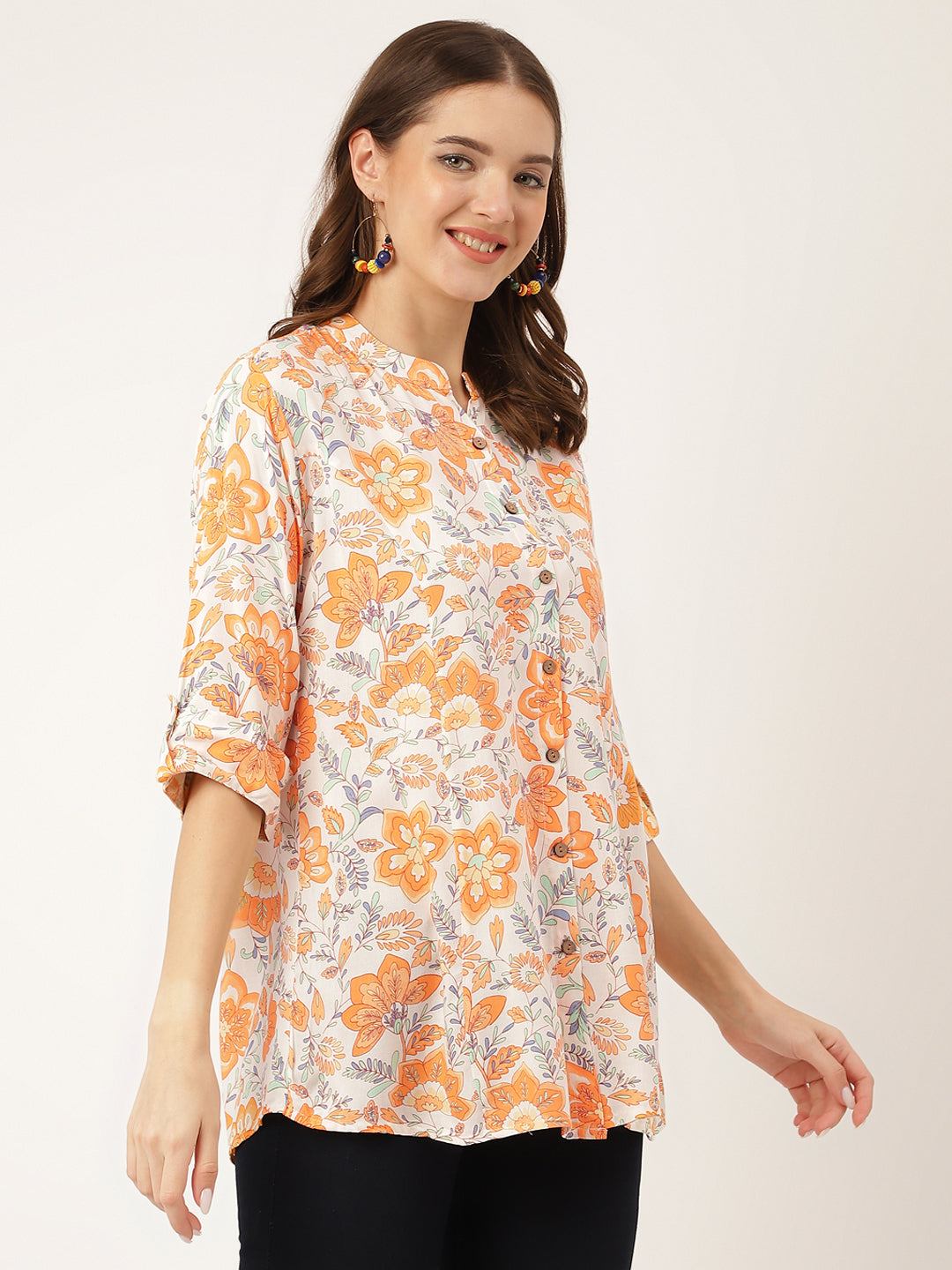 Orange Floral Print Rayon Regular Top