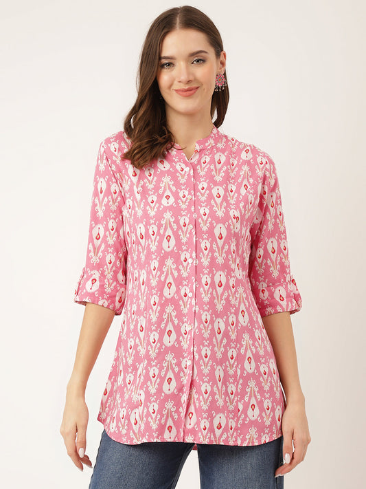 Pink Floral Print Rayon Regular Top