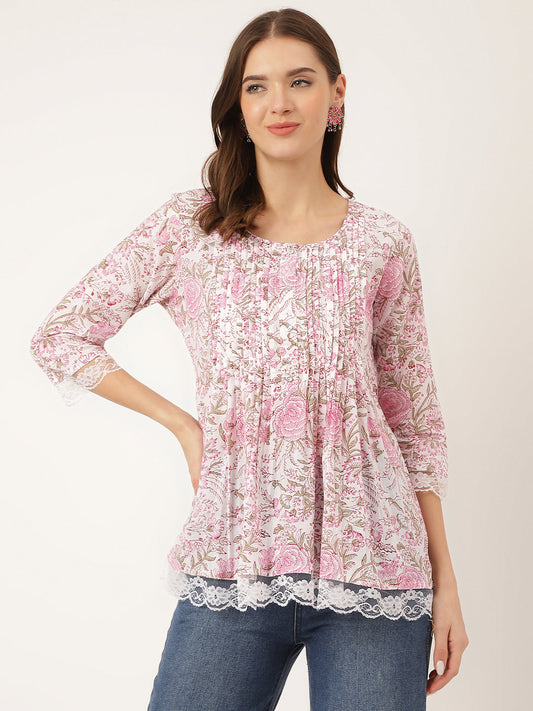 Pink Floral Print Cotton Peplum Top with Pintuck Detailing