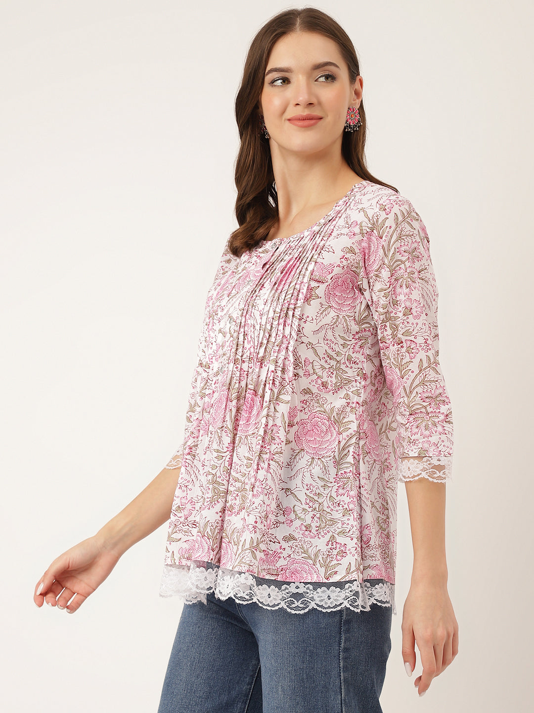 Pink Floral Print Cotton Peplum Top with Pintuck Detailing