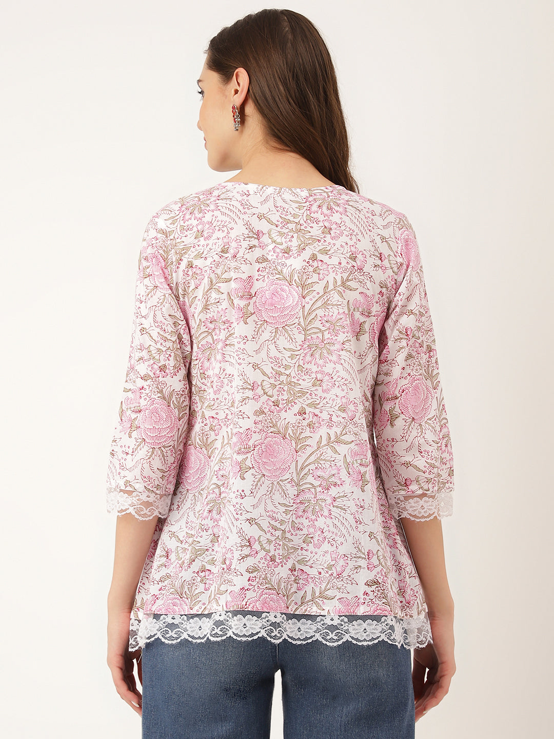 Pink Floral Print Cotton Peplum Top with Pintuck Detailing