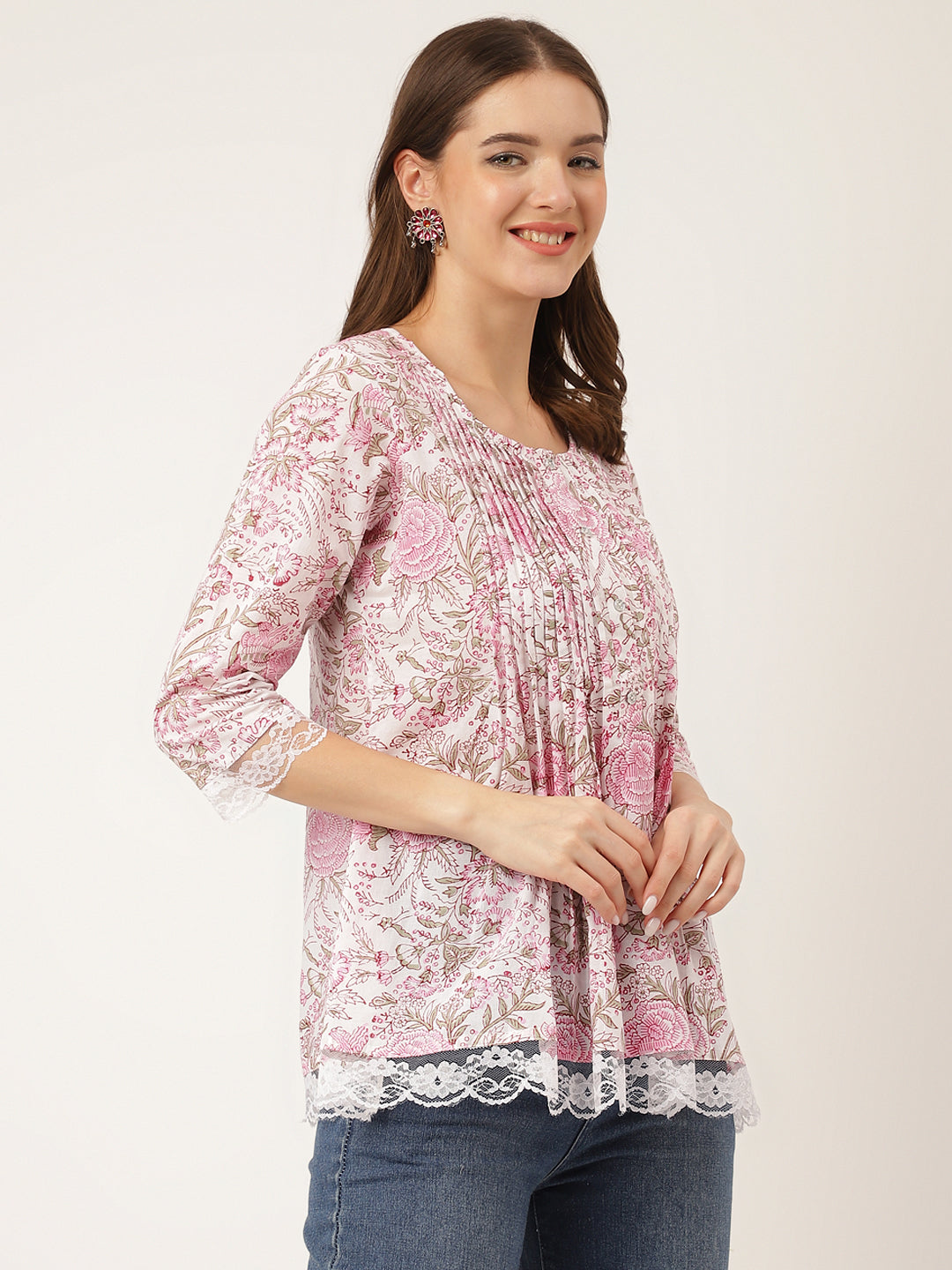 Pink Floral Print Cotton Peplum Top with Pintuck Detailing