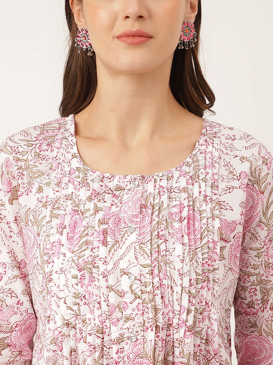 Pink Floral Print Cotton Peplum Top with Pintuck Detailing