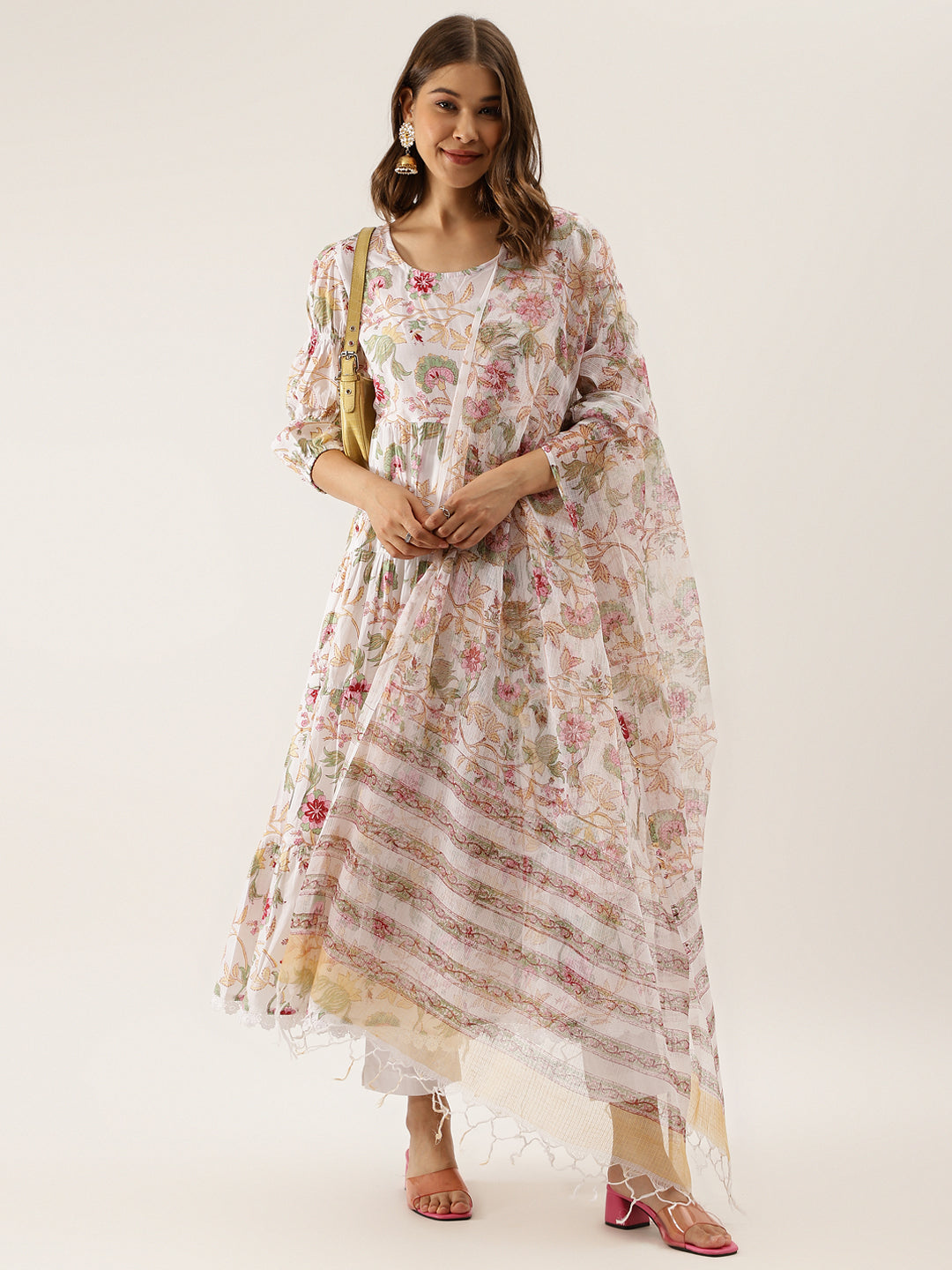 White Handblock Floral Printed Cotton Anarkali Kurta Set with Kota Doria Dupatta