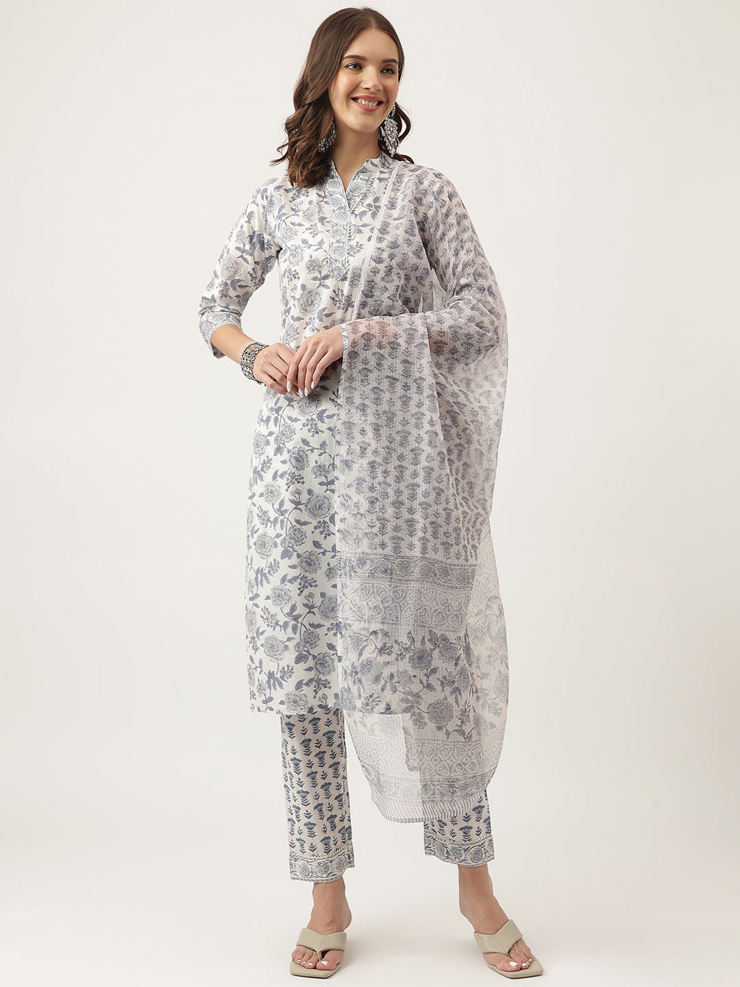 Sky Blue Floral HandBlock Printed Cotton Straight Kurta, trousers with Dupatta Set