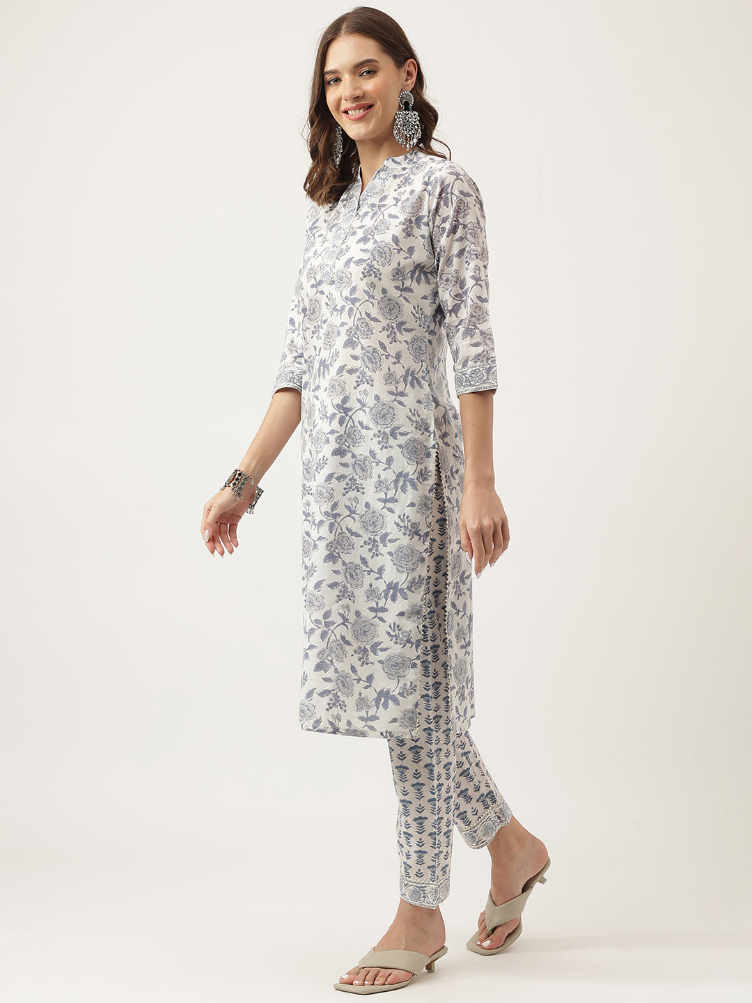 Sky Blue Floral HandBlock Printed Cotton Straight Kurta, trousers with Dupatta Set