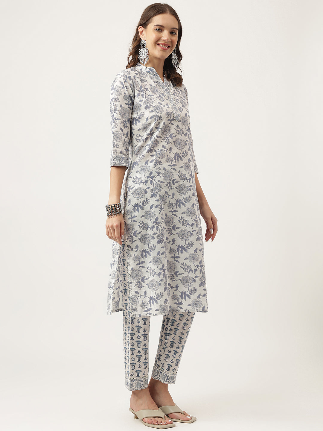 Sky Blue Floral HandBlock Printed Cotton Straight Kurta, trousers with Dupatta Set