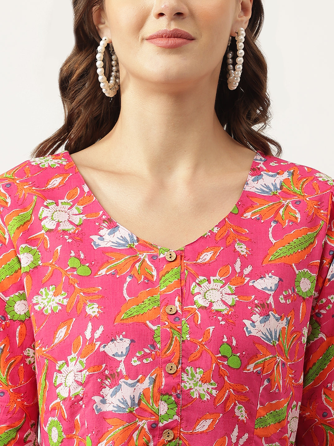 Pink Floral Printed Cotton Peplum Fit Top