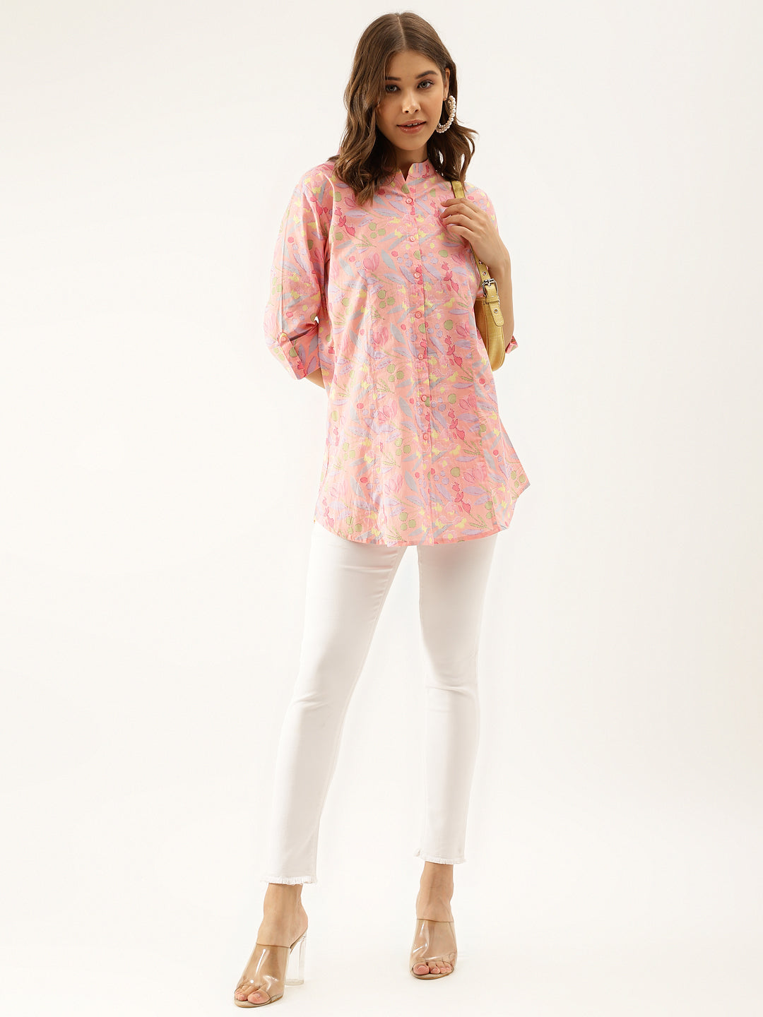 Pink Multi Colored Floral print Cotton Regular Top