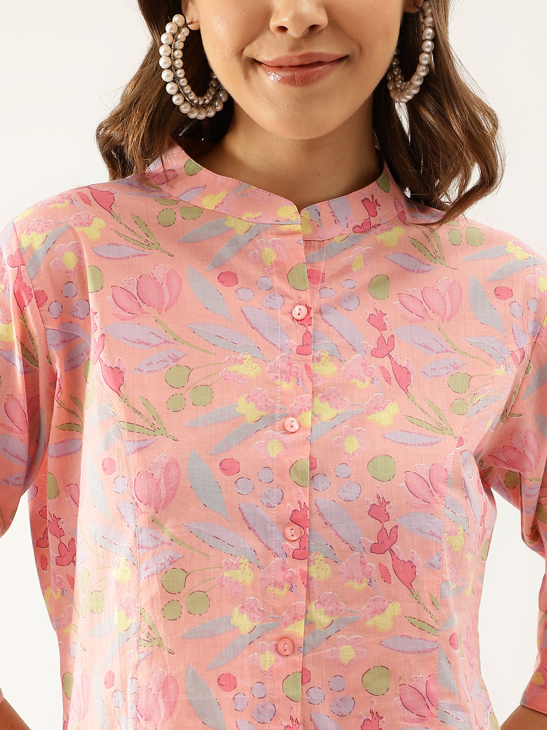 Pink Multi Colored Floral print Cotton Regular Top