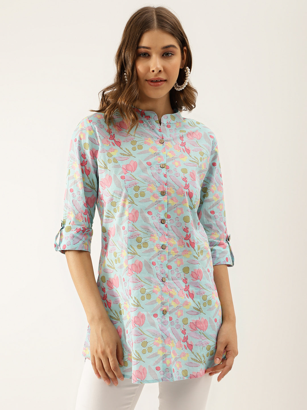 Sky Blue Printed Cotton Regular Fit Top