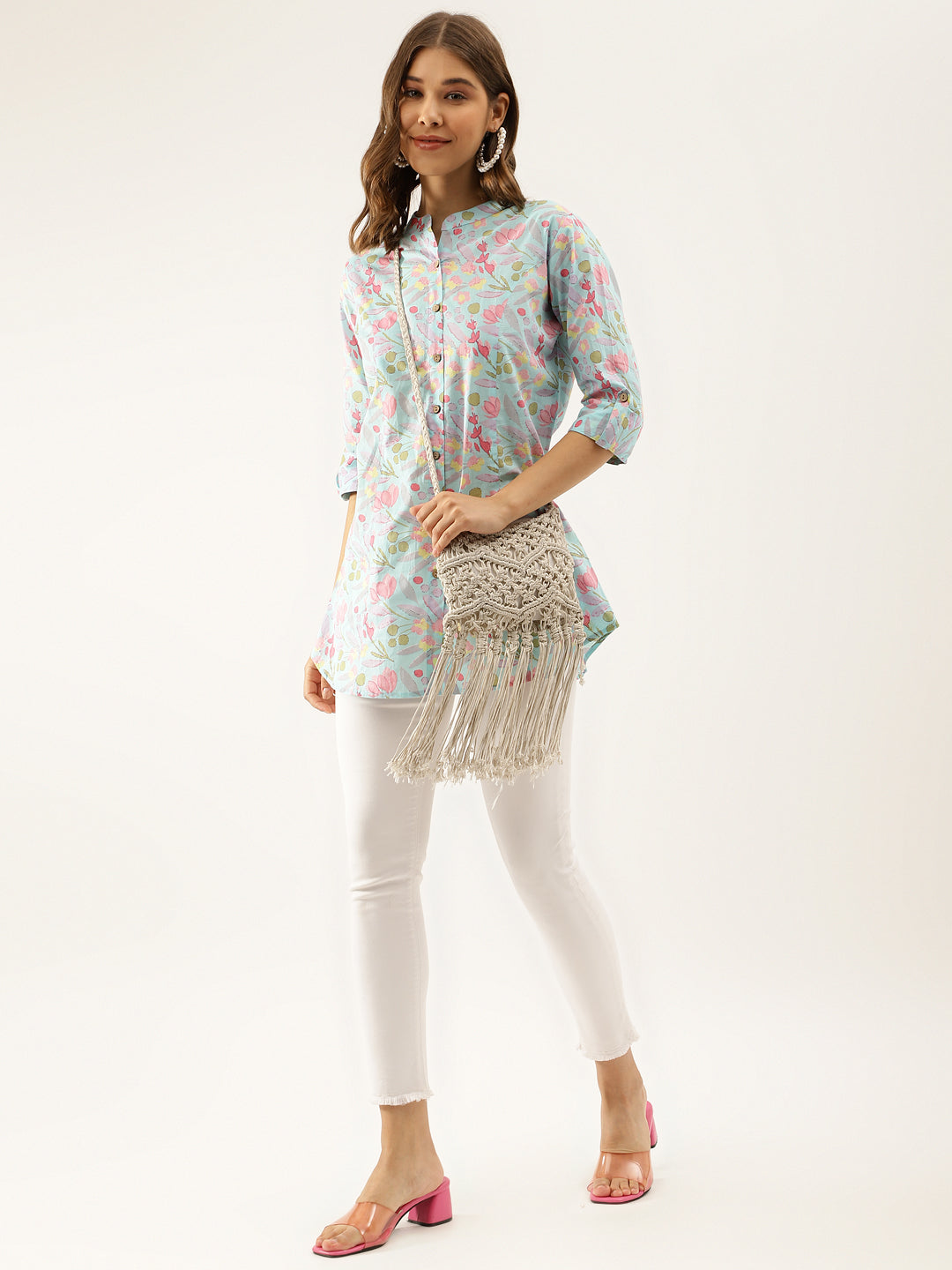 Sky Blue Printed Cotton Regular Fit Top