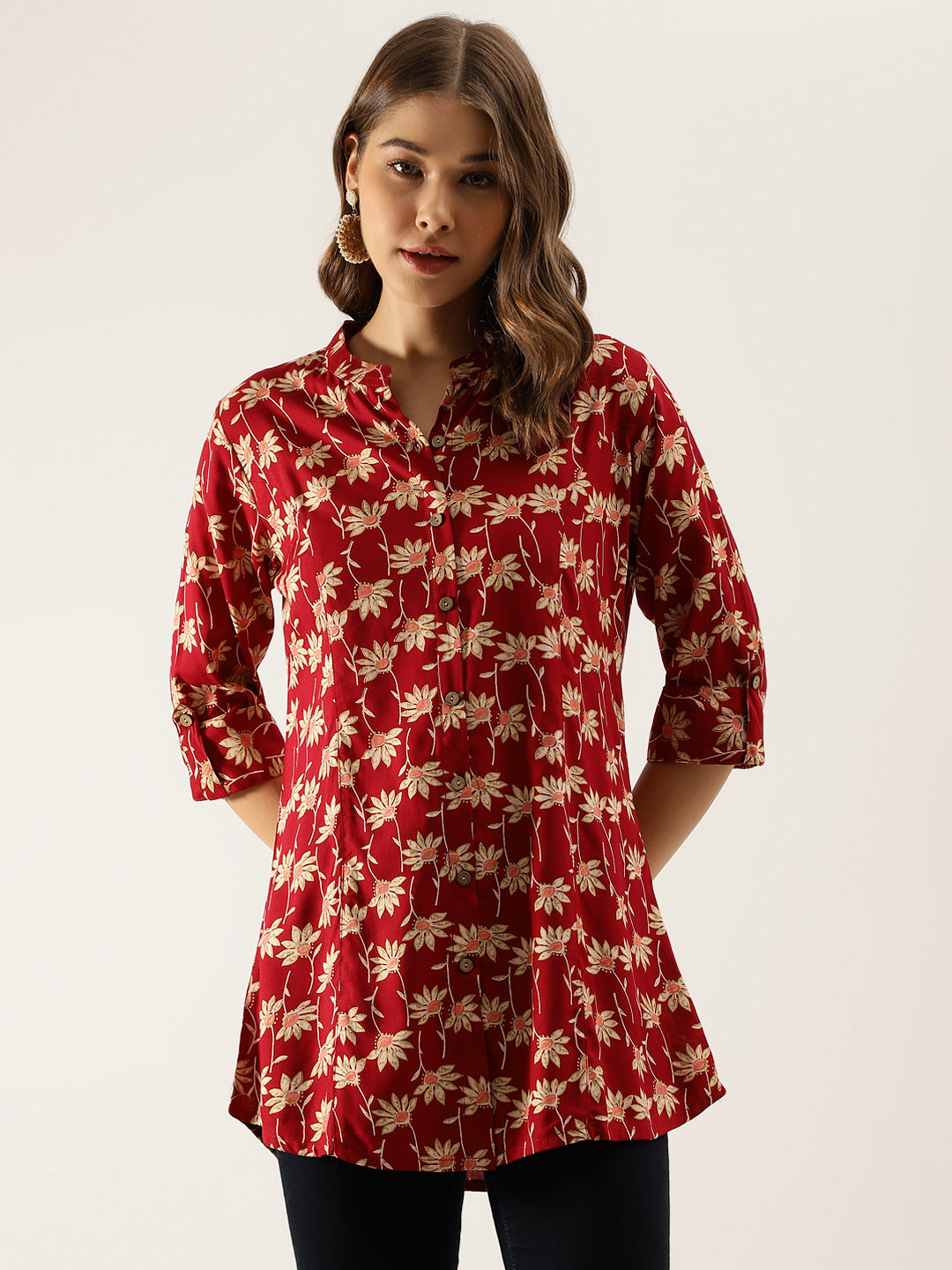 Maroon Floral Printed Rayon Shirt type Top for Women