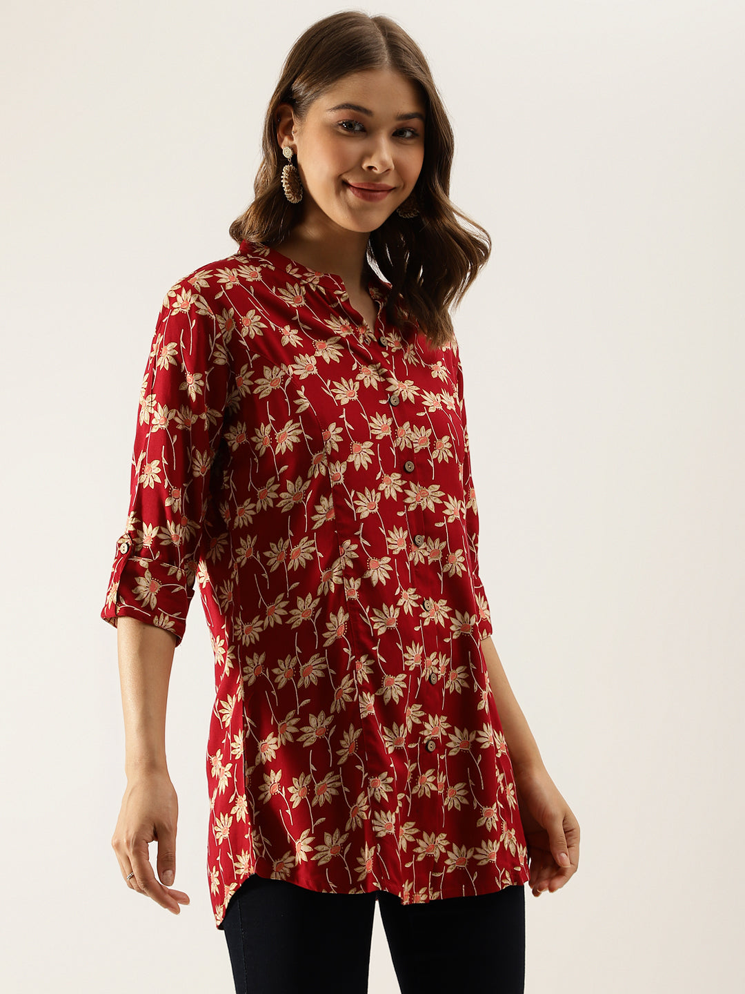 Maroon Floral Printed Rayon Shirt type Top for Women