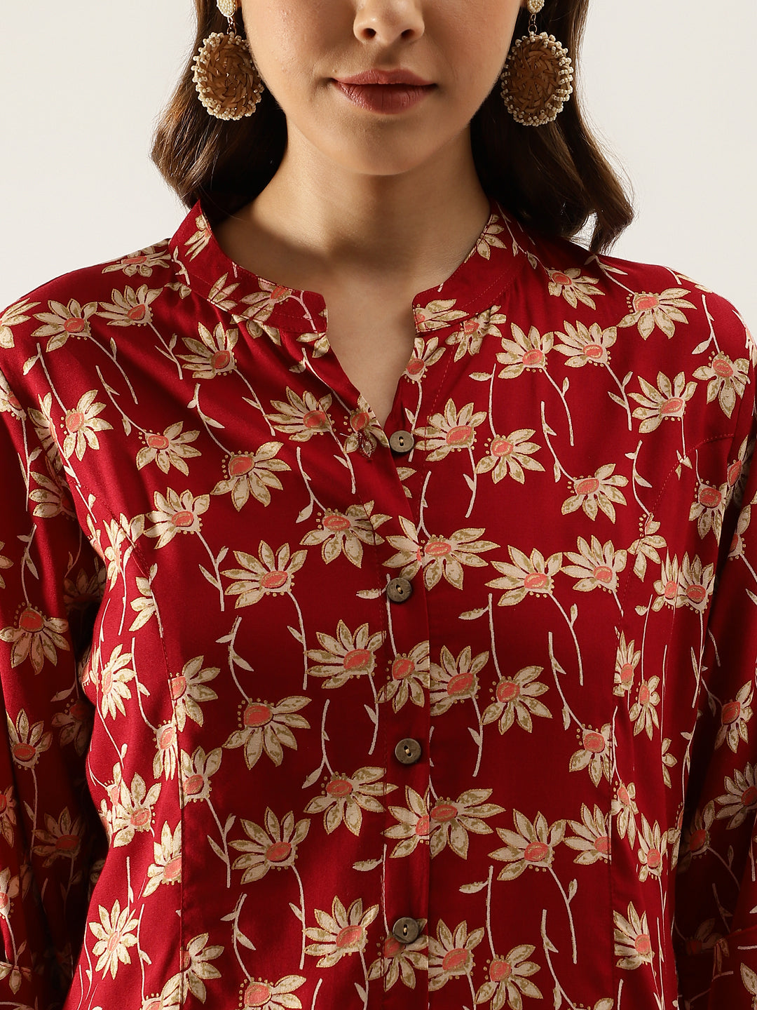 Maroon Floral Printed Rayon Shirt type Top for Women