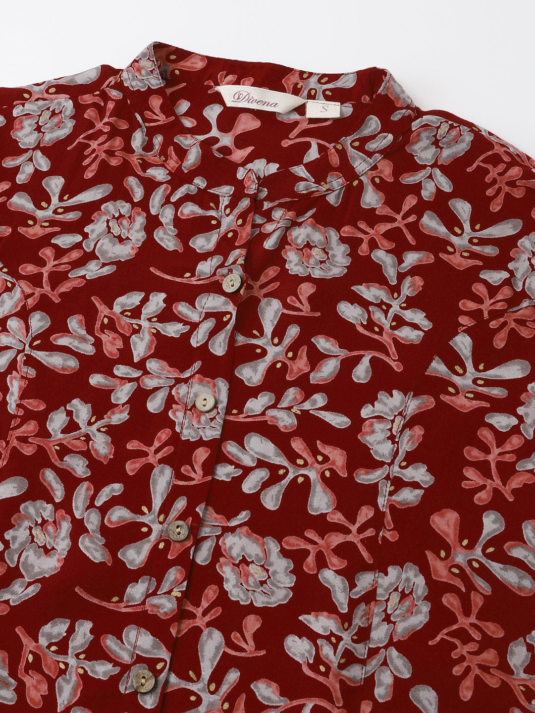 Maroon Floral Print Rayon Regular Top