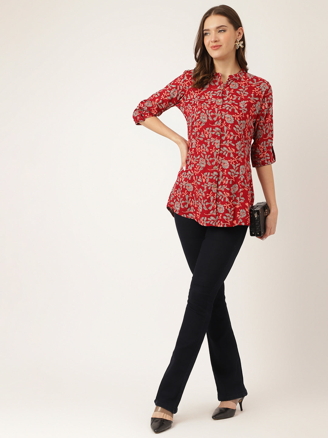 Maroon Floral Print Rayon Regular Top